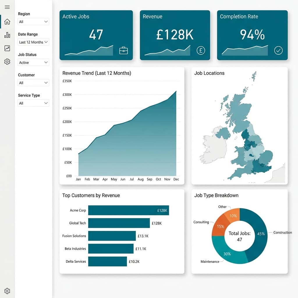 Executive Power BI dashboard showing revenue trends, job completion rates, and UK geographic data