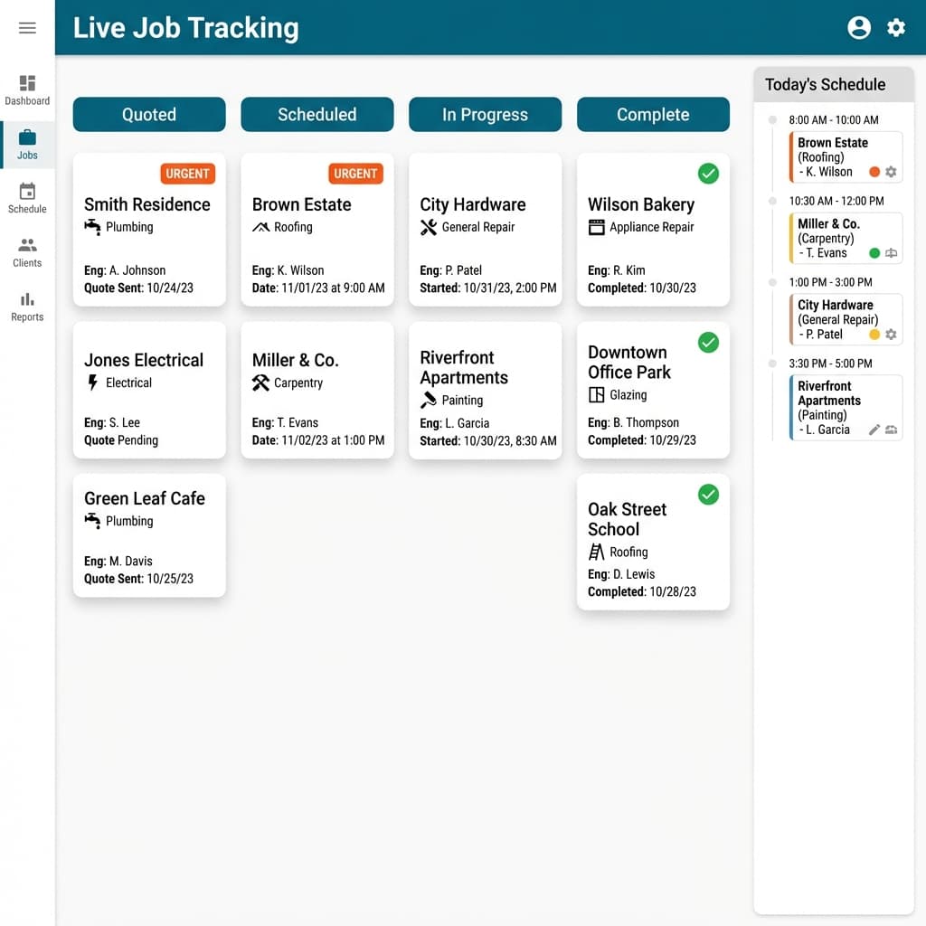 Operational kanban board showing live job tracking with team schedules